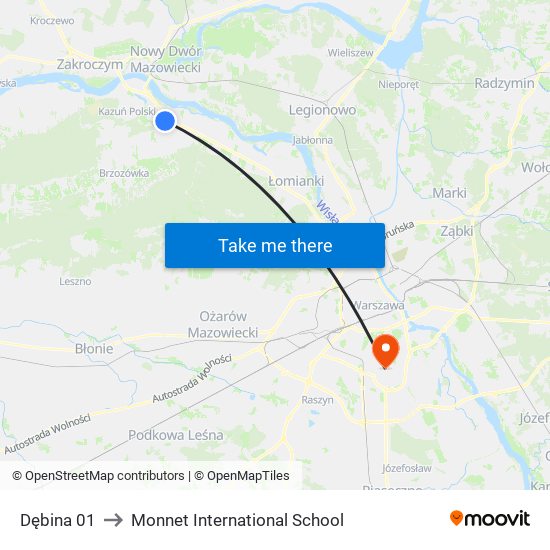 Dębina 01 to Monnet International School map