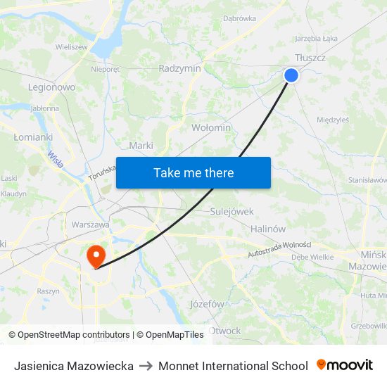 Jasienica Mazowiecka to Monnet International School map