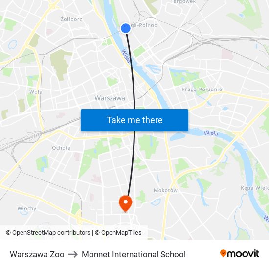 Warszawa Zoo to Monnet International School map