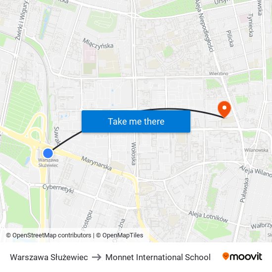 Warszawa Służewiec to Monnet International School map