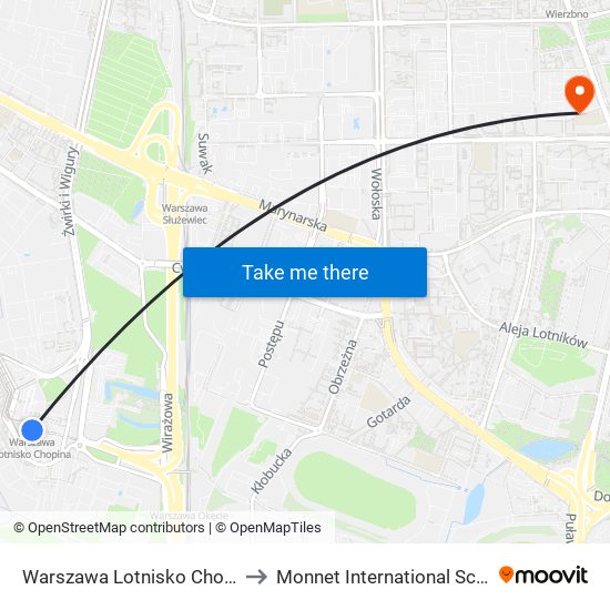 Warszawa Lotnisko Chopina to Monnet International School map