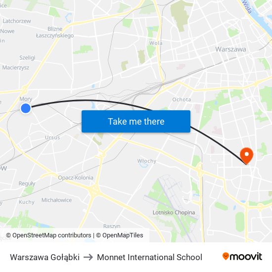 Warszawa Gołąbki to Monnet International School map