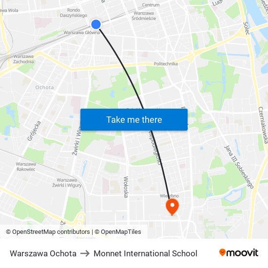 Warszawa Ochota to Monnet International School map