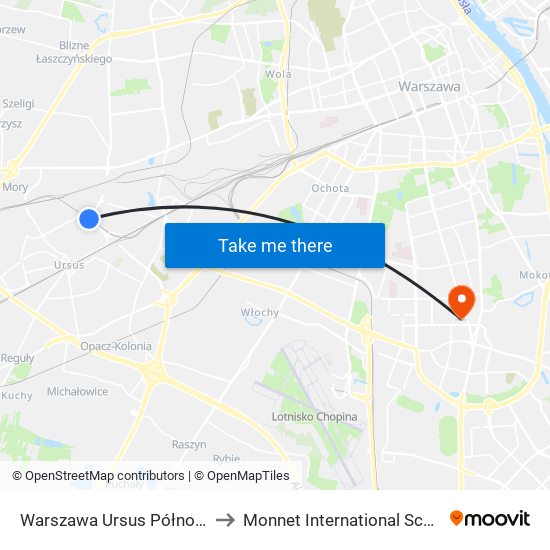 Warszawa Ursus Północny to Monnet International School map