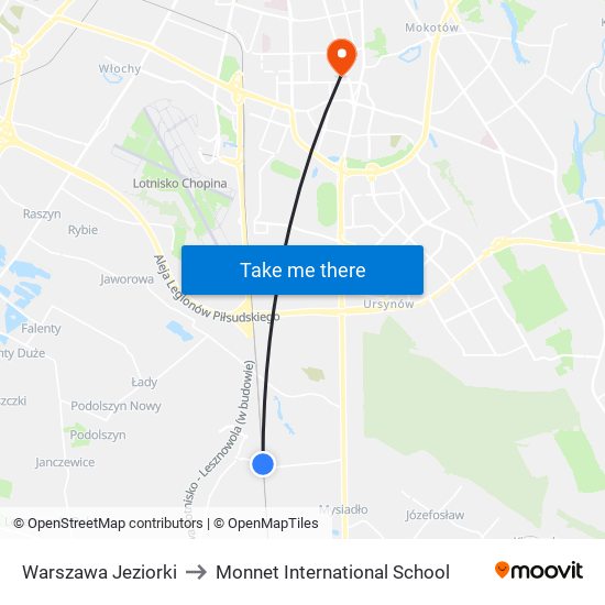 Warszawa Jeziorki to Monnet International School map