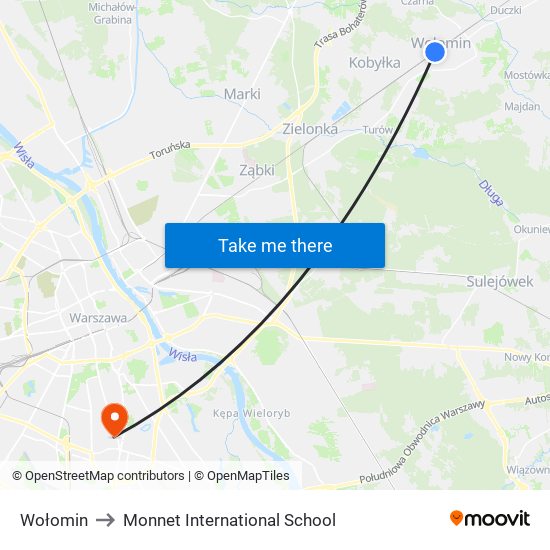 Wołomin to Monnet International School map