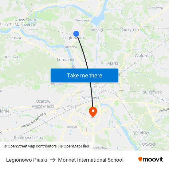 Legionowo Piaski to Monnet International School map