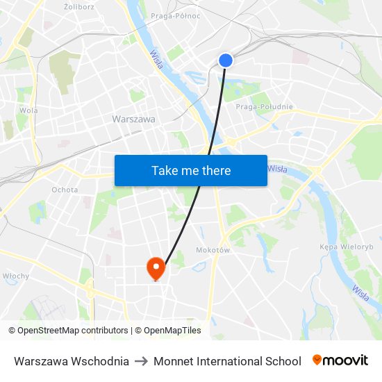 Warszawa Wschodnia to Monnet International School map