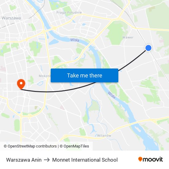 Warszawa Anin to Monnet International School map