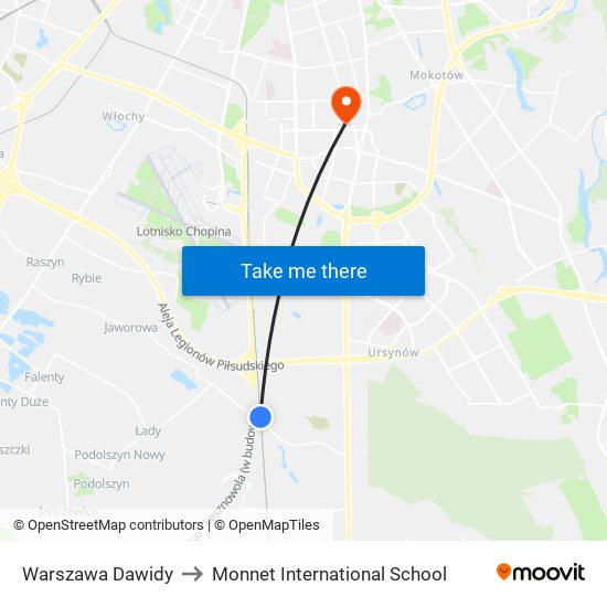 Warszawa Dawidy to Monnet International School map