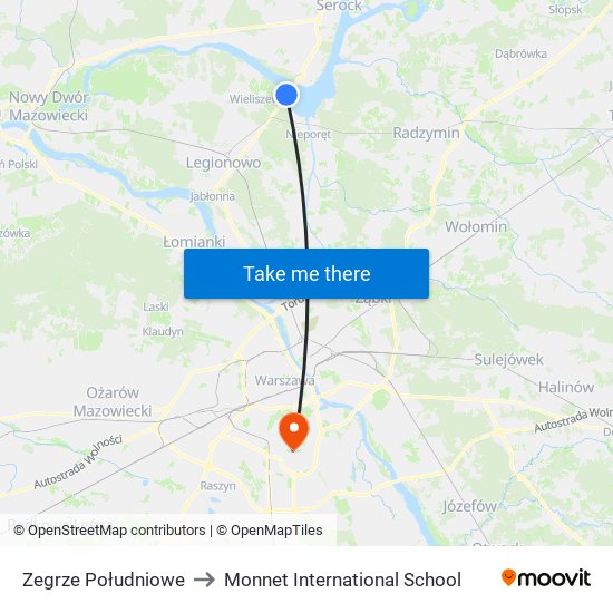 Zegrze Południowe to Monnet International School map