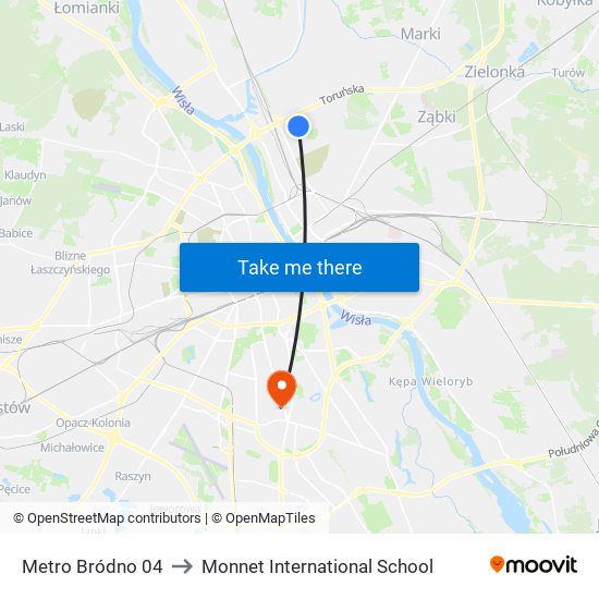 Metro Bródno to Monnet International School map