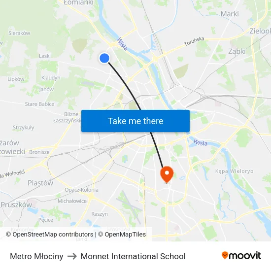 Metro Młociny to Monnet International School map
