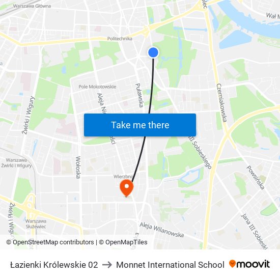 Łazienki Królewskie 02 to Monnet International School map