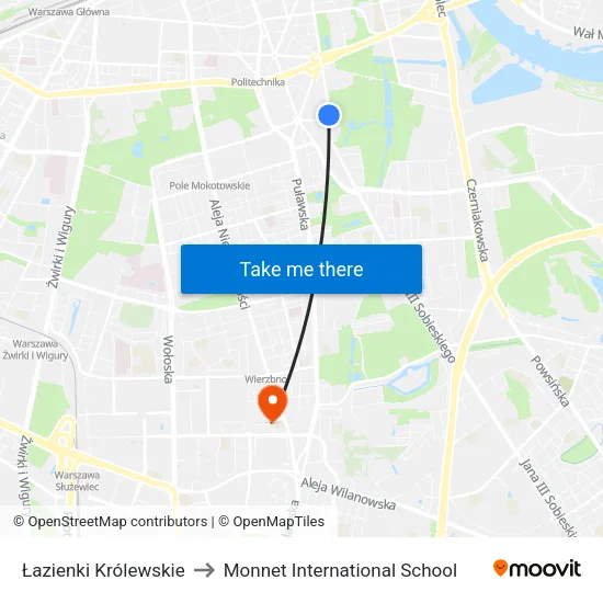 Łazienki Królewskie to Monnet International School map