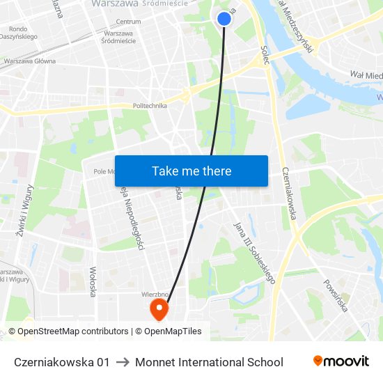 Czerniakowska to Monnet International School map