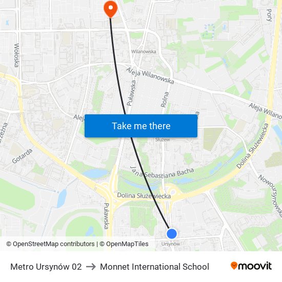 Metro Ursynów to Monnet International School map