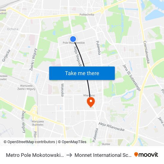 Metro Pole Mokotowskie to Monnet International School map