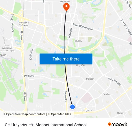 CH Ursynów to Monnet International School map