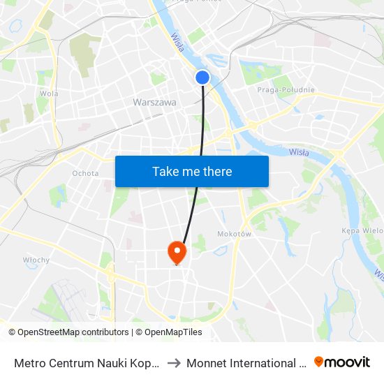 Metro Centrum Nauki Kopernik to Monnet International School map