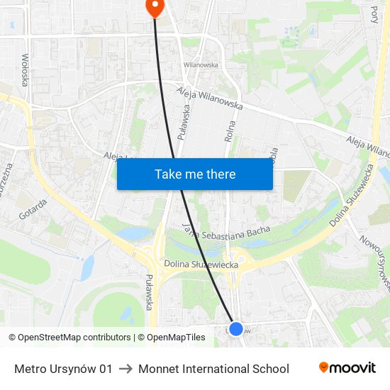 Metro Ursynów to Monnet International School map