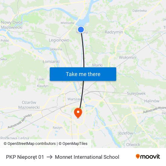 PKP Nieporęt to Monnet International School map