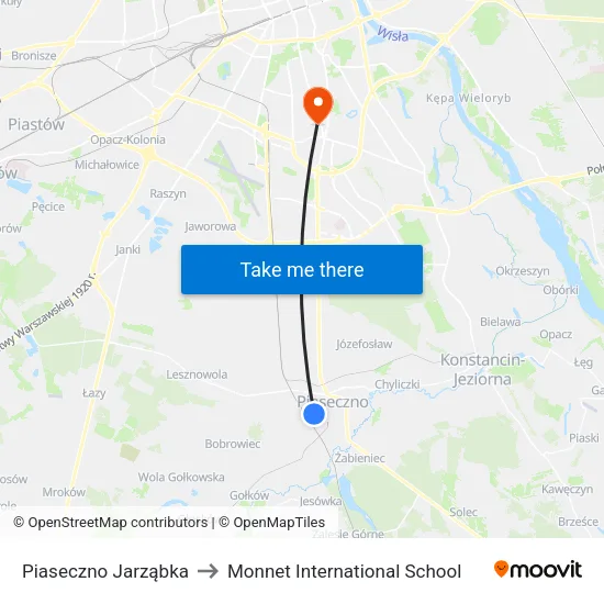 Piaseczno Jarząbka to Monnet International School map