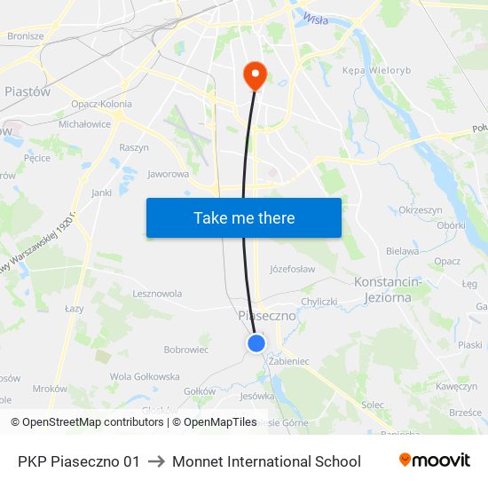 PKP Piaseczno to Monnet International School map