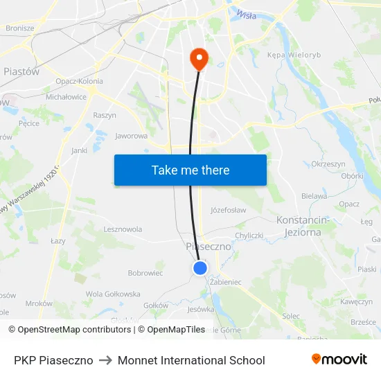 PKP Piaseczno to Monnet International School map