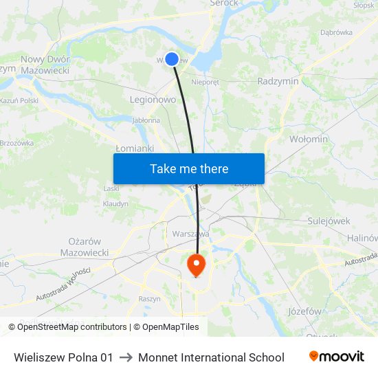 Wieliszew Polna 01 to Monnet International School map