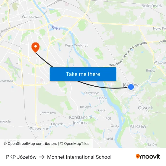 PKP Józefów to Monnet International School map
