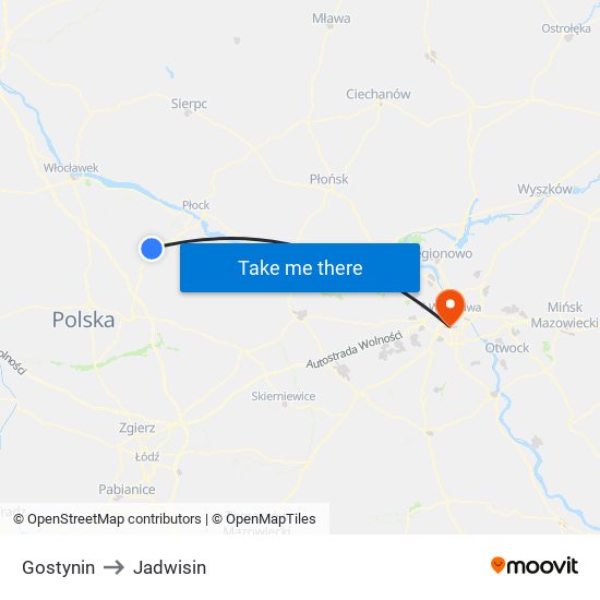 Gostynin to Jadwisin map