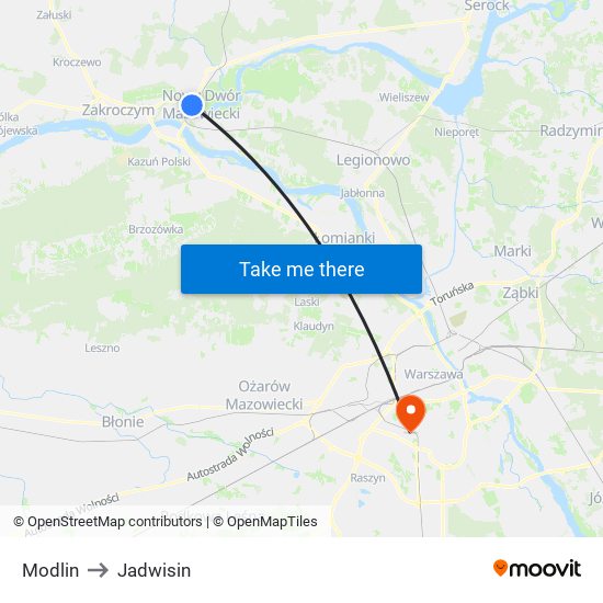 Modlin to Jadwisin map