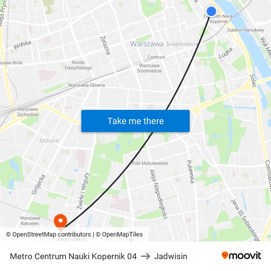 Metro Centrum Nauki Kopernik to Jadwisin map