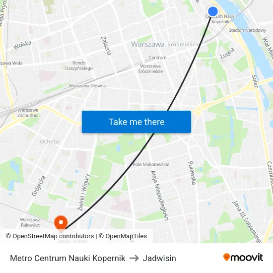 Metro Centrum Nauki Kopernik to Jadwisin map