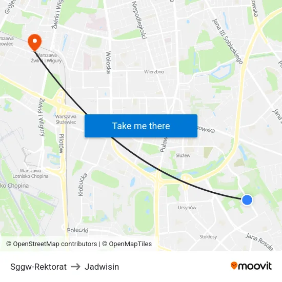 SGGW - Rektorat to Jadwisin map