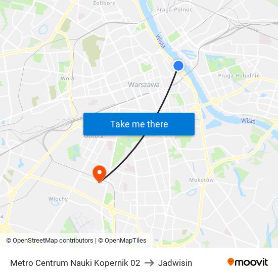 Metro Centrum Nauki Kopernik to Jadwisin map