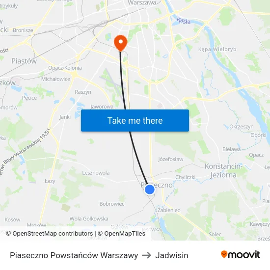Piaseczno Powstańców Warszawy to Jadwisin map