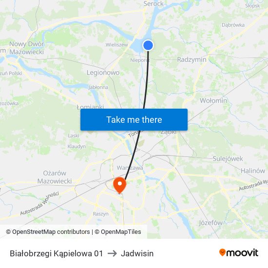 Białobrzegi Kąpielowa to Jadwisin map