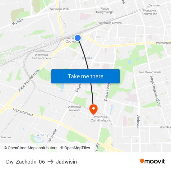 Dw. Zachodni to Jadwisin map