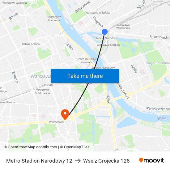 Metro Stadion Narodowy 12 to Wseiz Grojecka 128 map