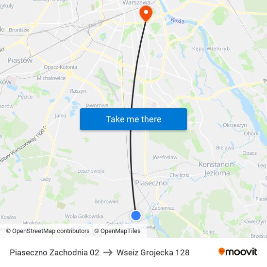 Piaseczno Zachodnia 02 to Wseiz Grojecka 128 map