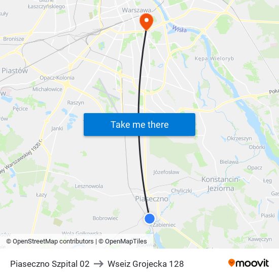 Piaseczno Szpital 02 to Wseiz Grojecka 128 map