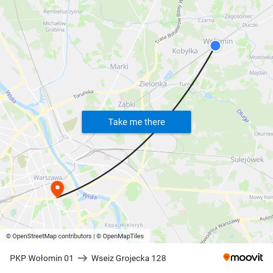 PKP Wołomin 01 to Wseiz Grojecka 128 map