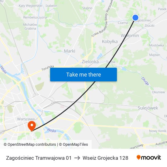 Zagościniec Tramwajowa 01 to Wseiz Grojecka 128 map