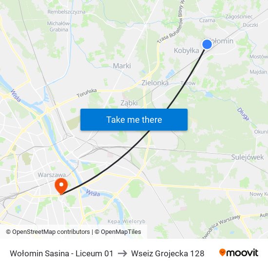 Wołomin Sasina - Liceum 01 to Wseiz Grojecka 128 map