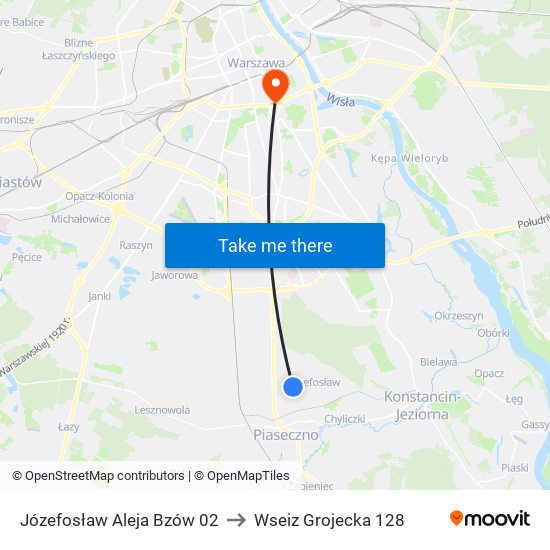 Józefosław Aleja Bzów 02 to Wseiz Grojecka 128 map