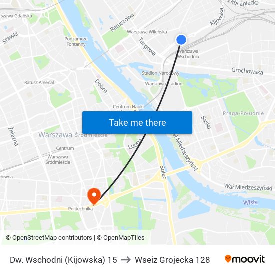 Dw. Wschodni (Kijowska) to Wseiz Grojecka 128 map