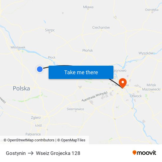 Gostynin to Wseiz Grojecka 128 map