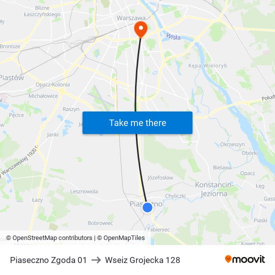 Piaseczno Zgoda 01 to Wseiz Grojecka 128 map